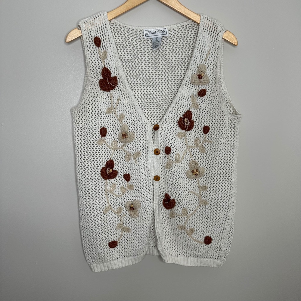 Private Party Women's Crochet Knit Vest Cardigan Beige Brown Floral‎ Size L
